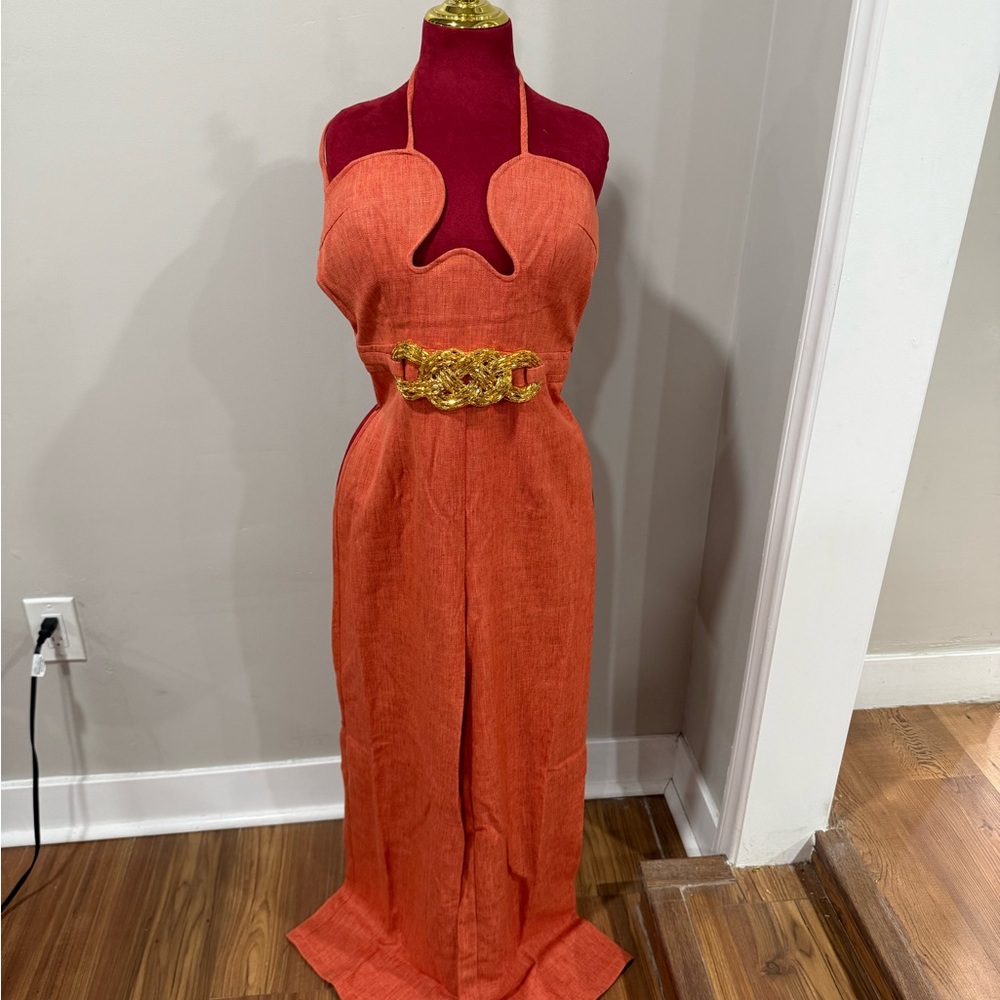Rust Halter Cutout Maxi Dress with Gold Buckle